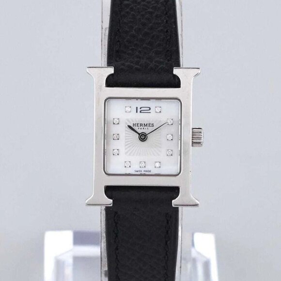 Hermes Black Epsom Leather Stainless Steel Diamond Heure H Mini Quartz Watch - Picture 1 of 5